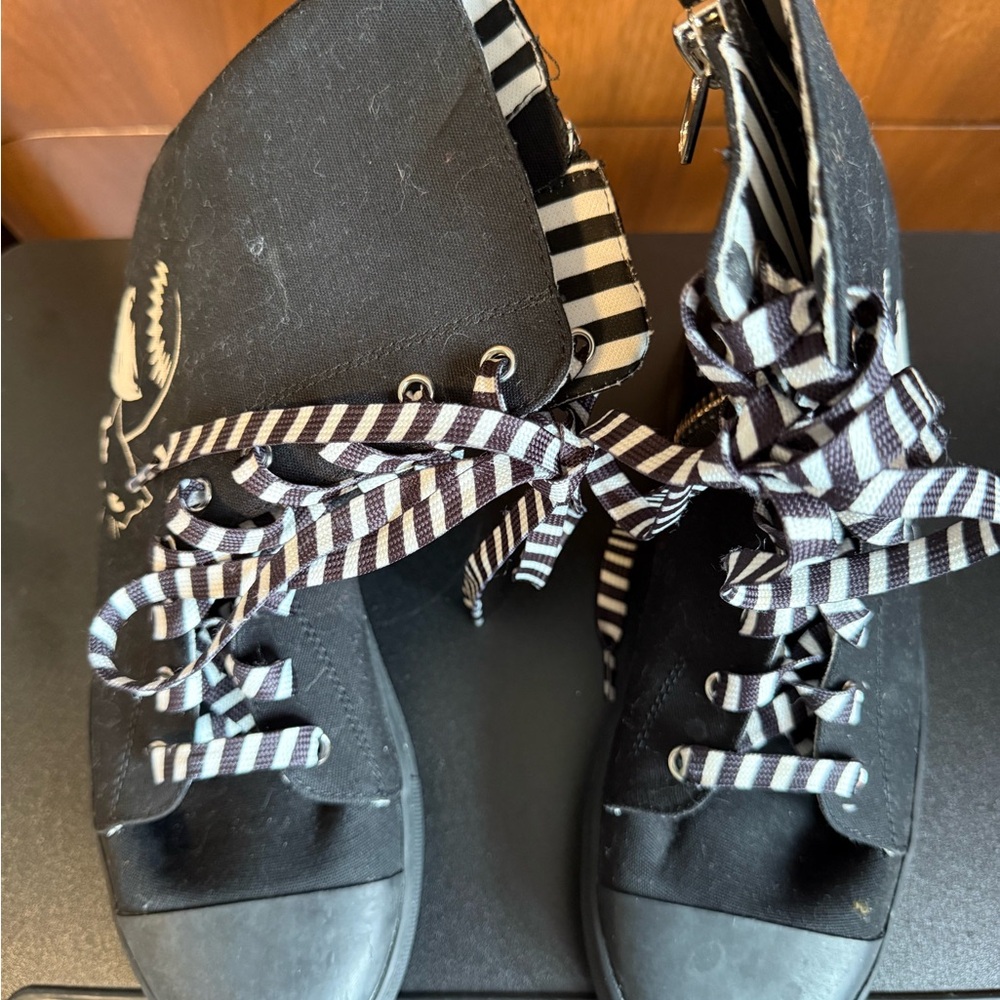 Dolls Kill Black Open-Toe Platform Lace-Up Sneakers with Striped Ribbon Laces - Picture 2 of 6